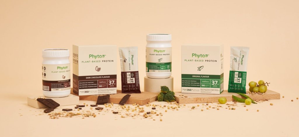 a line up of plant-based protein, Phytae. available in dark-chocolate flavor and plain flavor.
